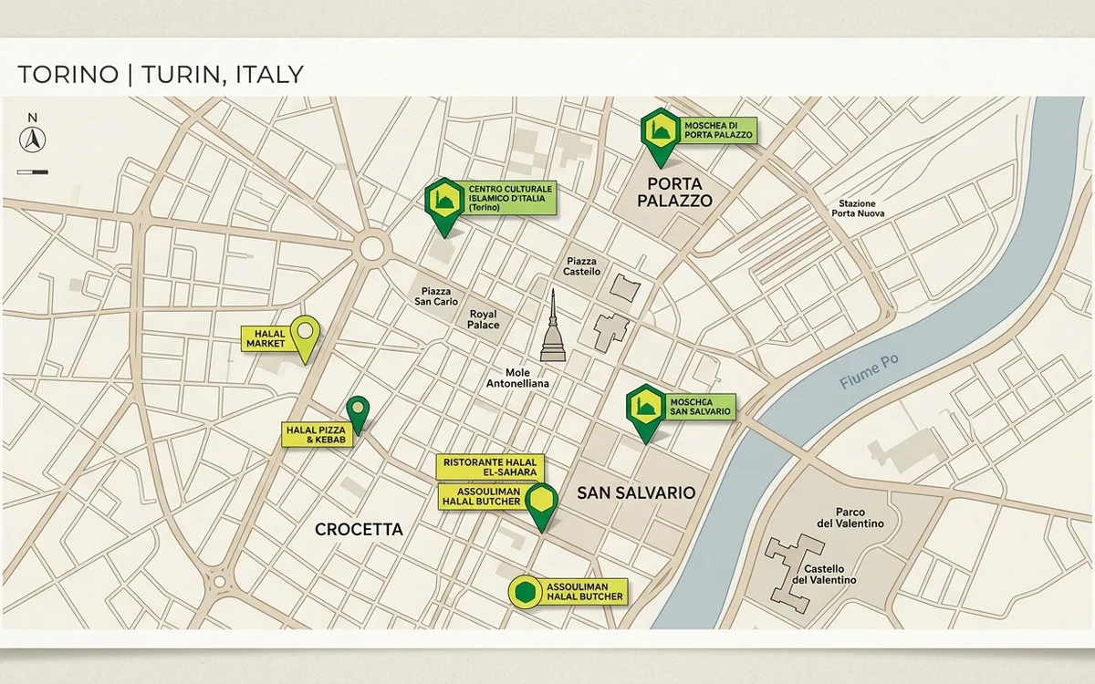 Turin Halal Map preview with verified mosques, restaurants, and student amenities